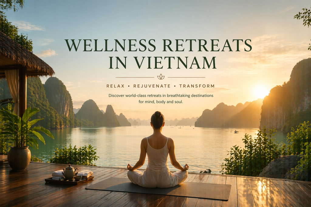 Wellness retreats in Vietnam with yoga and meditation by a peaceful lake at sunrise